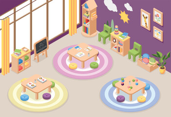 Isometric playroom interior. Kindergarten zone for play and rest time. Room with children furniture, chairs, tables with books cubes and pencils, flawless vector scene