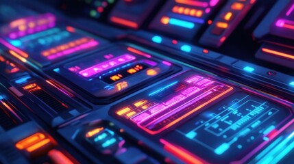 A cyberpunk data pad with holographic buttons and vivid neon colors 