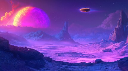 Alien planet landscape with flying saucer and large pink moon.