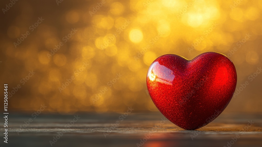 Poster shiny red heart on soft golden background with bokeh effect