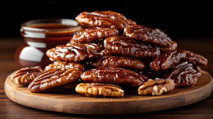 Obraz premium Delicious caramelized pecans stacked on wooden platter, drizzled with syrup, creating tempting and sweet treat perfect for snacking or dessert