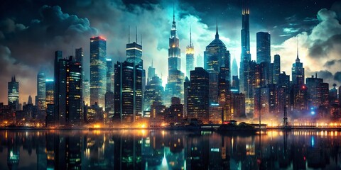 Obraz premium Concept Art Illustration of a Cinematic Gotham City at Night with Double Exposure Techniques Showcasing Dark Themes, Architecture, and Urban Life in a Futuristic Setting