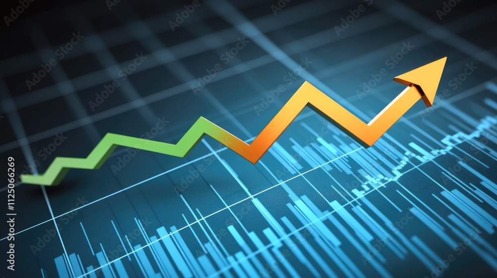 Poster a 3d stock chart with upward-trending green lines, arrows, and financial data points. the chart hove