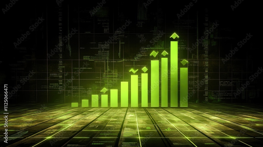 Poster a 3d stock chart with upward-trending green lines, arrows, and financial data points. the chart hove