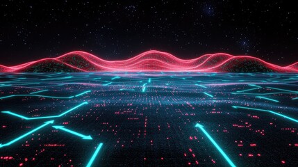 A 3D stock chart with upward-trending green lines, arrows, and financial data points. The chart hovers over a digital financial interface filled with market statistics.