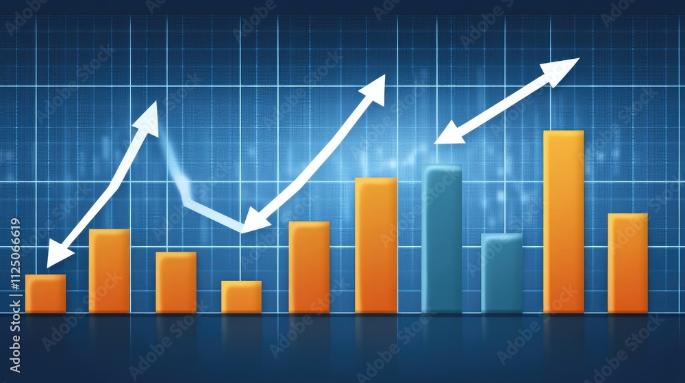 Poster a 3d stock market graph with colorful lines representing stock trends. arrows point to significant m