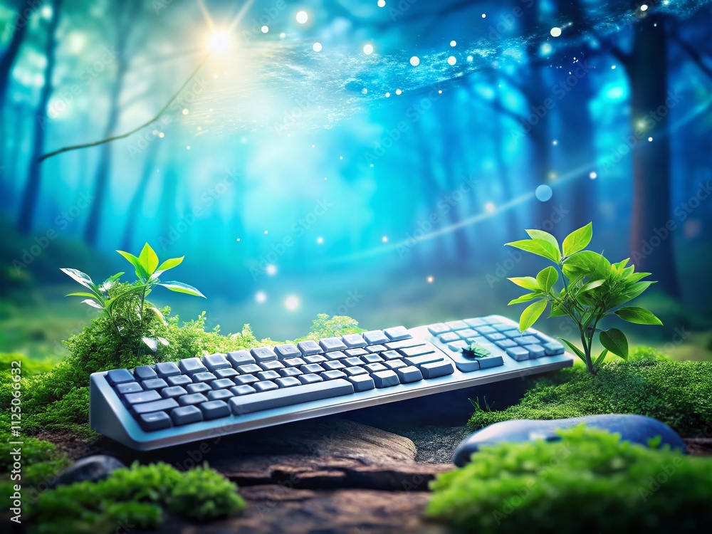 Poster conceptual modernization of a keyboard with a focus on a blue key in a minimalistic landscape settin
