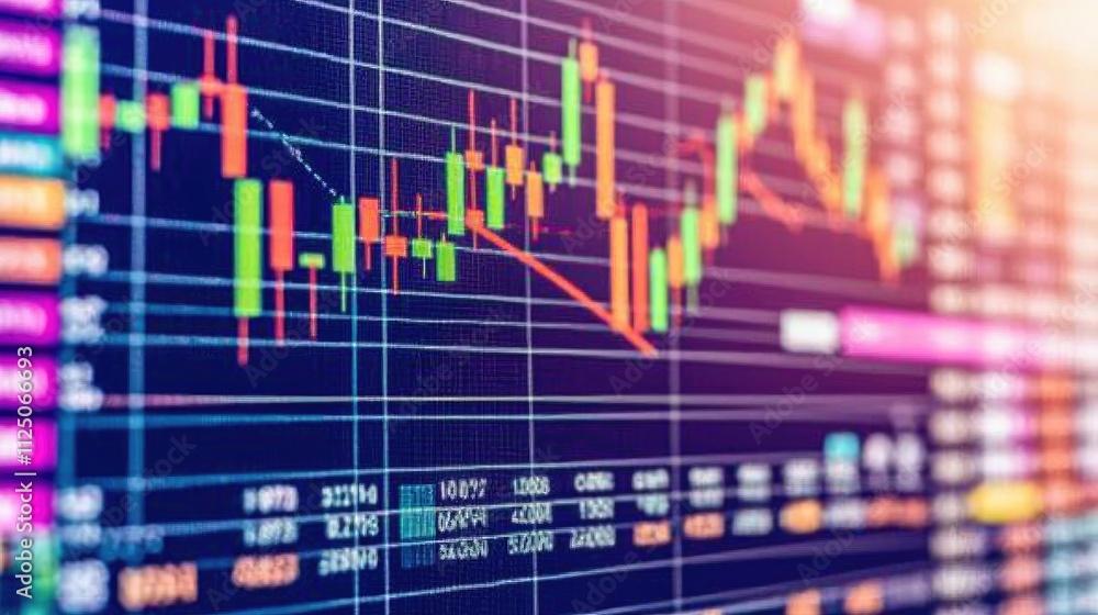 Poster a 3d stock market graph with colorful lines representing stock trends. arrows point to significant m