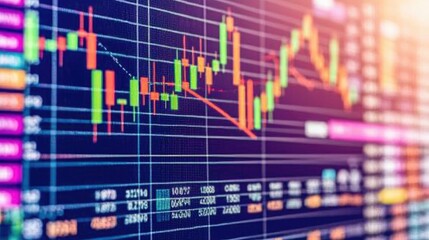 A 3D stock market graph with colorful lines representing stock trends. Arrows point to significant market movements, with a high-tech digital background displaying live data.