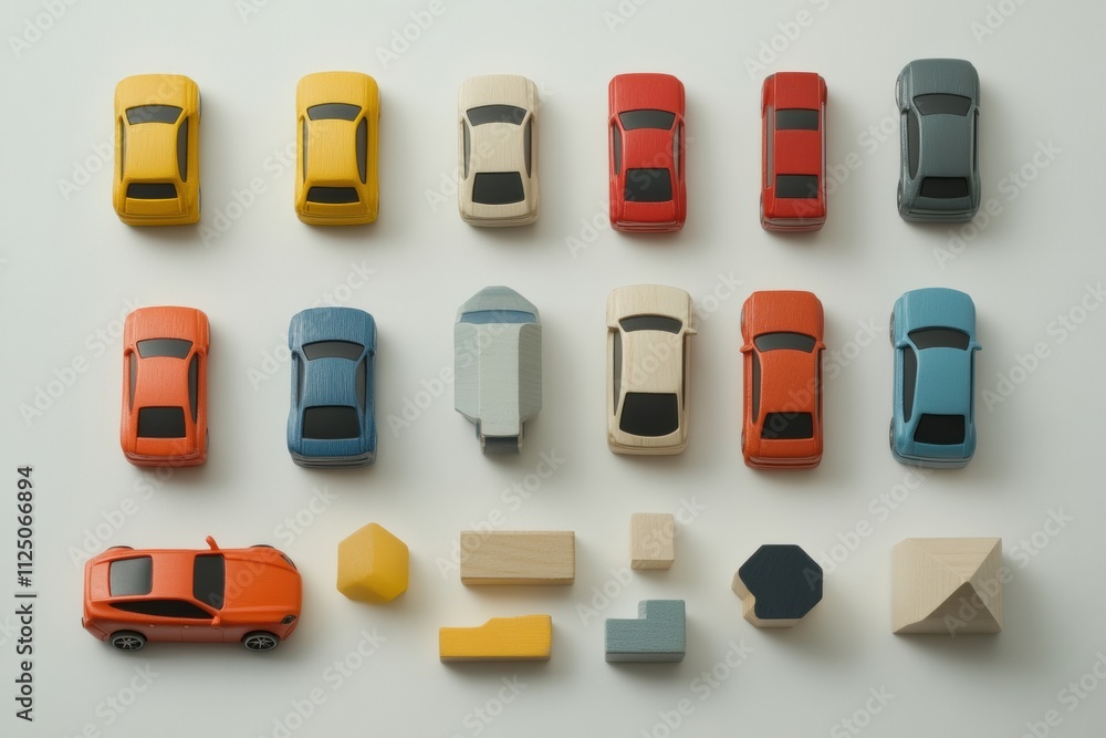 Poster vibrant assortment of children's toy cars, blocks, and dolls arranged on a white surface, ideal for 