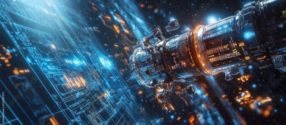 Poster futuristic spaceship navigating digital space.