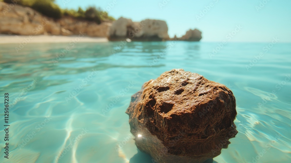 Poster close-up shot of a submerged rock in crystal clear water with sunlight filtering through and casting