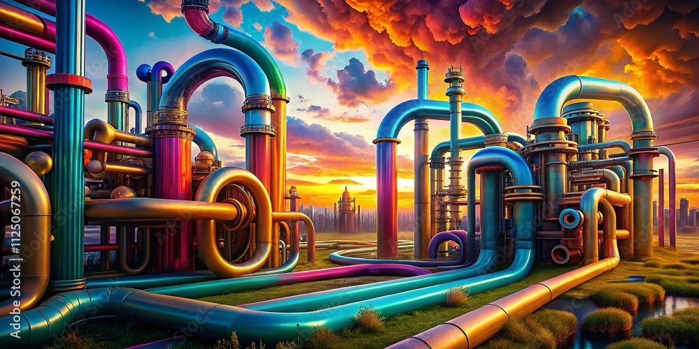 Poster conceptual photography of abstract pipes intertwined in a dreamlike landscape with vibrant colors, c