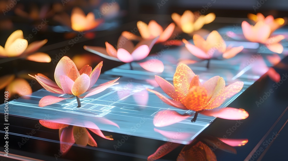 Aufkleber a high-tech hologram depicting seamless data transfer between glowing digital nodes.