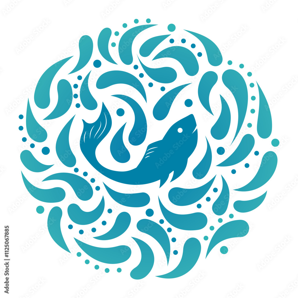 Poster fish icon in a round frame with dynamic drops. isolated on white background. vector illustration.