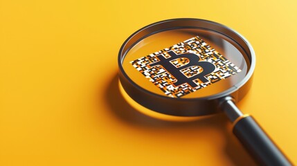 A magnifying glass focusing on a fake Bitcoin QR code.