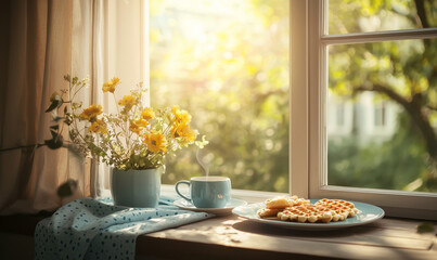 A cozy breakfast scene with waffles, a cup, and flowers by the window, illuminated by warm sunlight, creating a serene and inviting atmosphere.