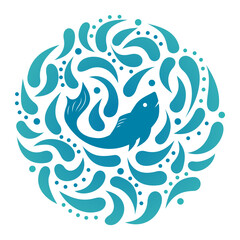 Fish icon in a round frame with dynamic drops. Isolated on white background. Vector illustration.