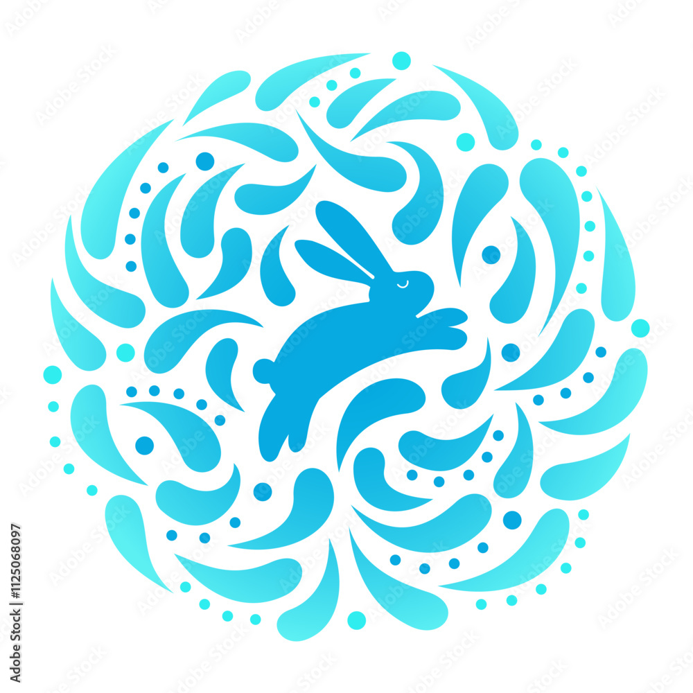 Poster rabbit icon in a round frame with dynamic drops. isolated on white background. vector illustration.