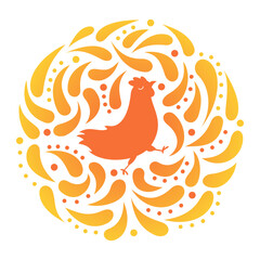 Chicken icon in a round frame with dynamic drops. Isolated on white background. Vector illustration.