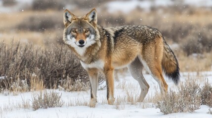 Naklejka premium Coyote Howling Under a Full Moon in a Snowy Landscape with Falling Snowflakes and a Gentle Winter Atmosphere