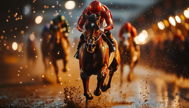 horses at a race in muddy weather