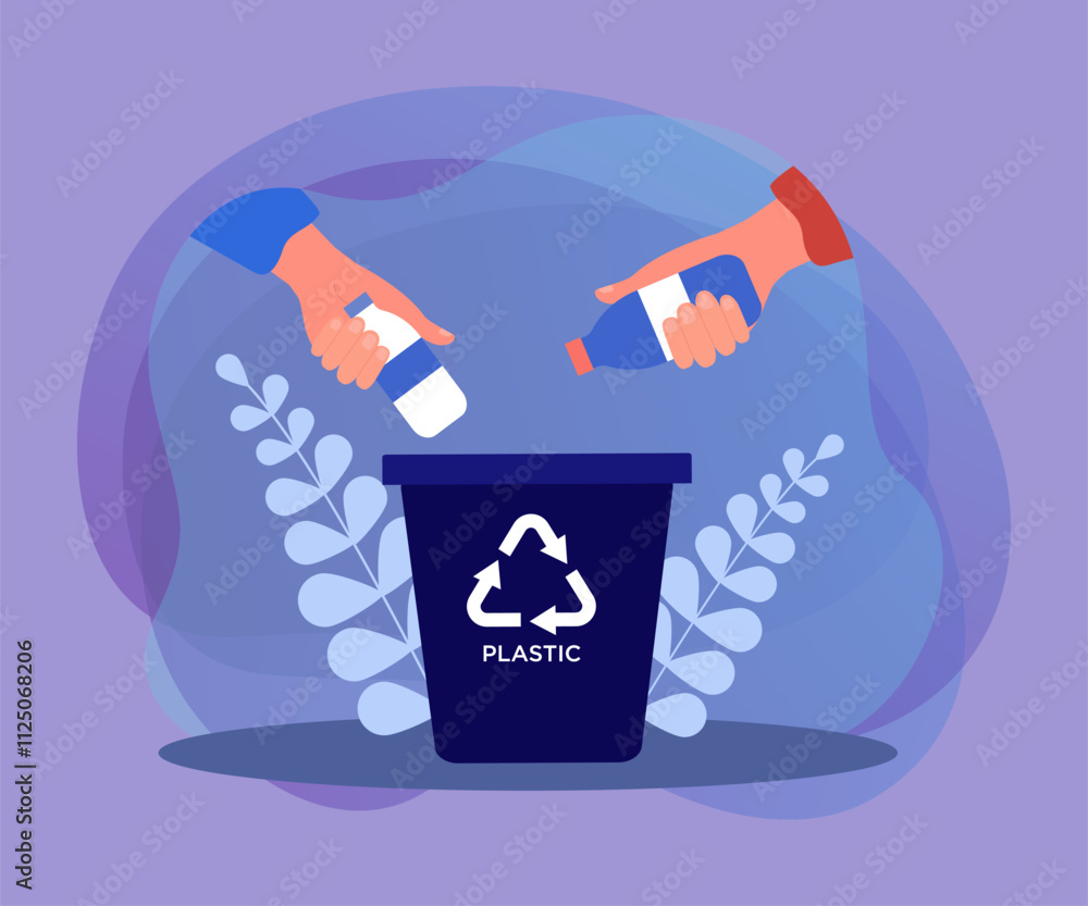 Poster hands holding plastic bottles to throw into trash container. persons sorting garbage flat vector ill