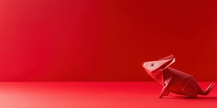 A cartoon origami Chinese Rat celebrating Chinese New Year in front of a red background