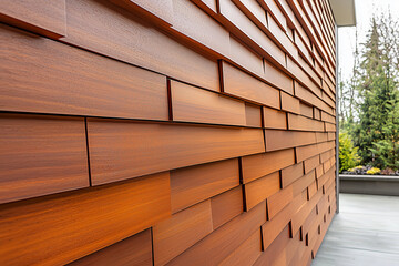 Geometric wooden wall with interlocking panels, showcasing rich textures and warm tones. This modern design element enhances outdoor spaces beautifully