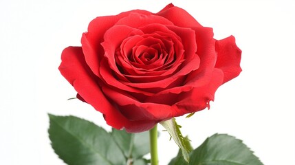 Red rose in full bloom with lush green leaves, displaying intricate petal patterns on a white background, symbolizing love, beauty, romance, and elegance in nature&rsquo;s finest form.