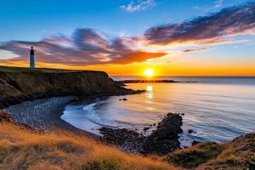 Obraz premium A coastal cliffside with seabirds nesting along the edges, waves crashing below, and the horizon glowing with a setting sun