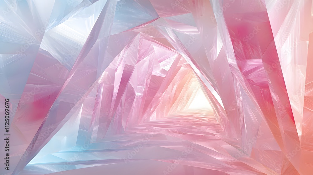 Poster a glowing seamless pathway of interconnected geometric shapes in soft pastel tones.