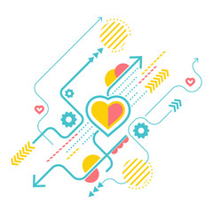 Heart surrounded by geometric dynamic elements. Concept and emblem love. Vector composition on white background.