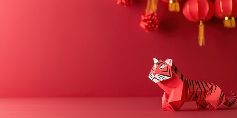 A cartoon origami Chinese Tiger celebrating Chinese New Year in front of a red background