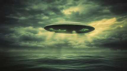 Fototapeta premium Dramatic Shot of a Spaceship Descending Through Thick Clouds Over an Alien Ocean with Glowing Fluorescent Waters in an Eerie Atmosphere