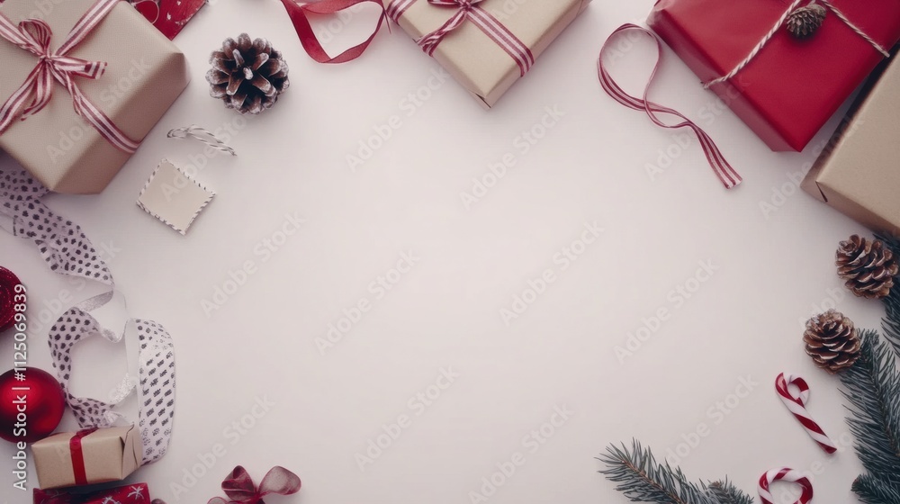 Poster flat lay arrangement of gift wrapping items includes paper, ribbons, cards, and seasonal decorations
