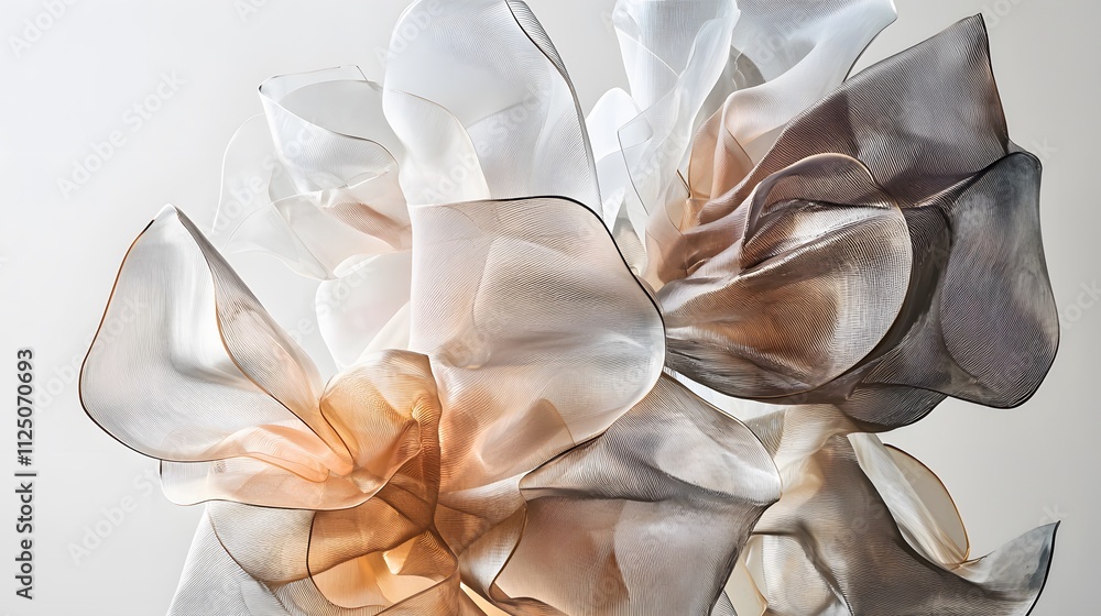 Poster a futuristic composition of translucent interlocking shapes on a neutral backdrop.