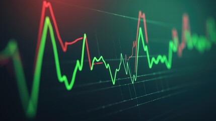 Naklejka premium A close-up of a digital heart rate monitor displaying a heartbeat waveform, vibrant green lines against a dark background, illustrating medical technology