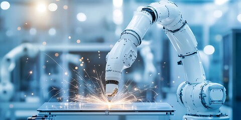 A robotic arm is welding steel on the factory production line, with sparks flying in motion