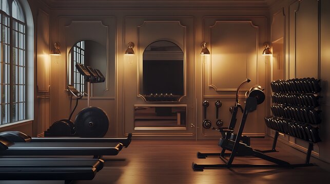 Luxurious home gym interior with elliptical, treadmill, weights, and classic decor.
