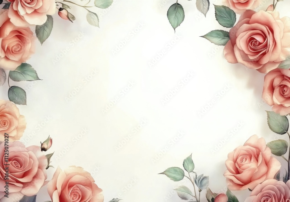 Poster a beautiful border of roses with empty space in the center for text, light background, pink and gree