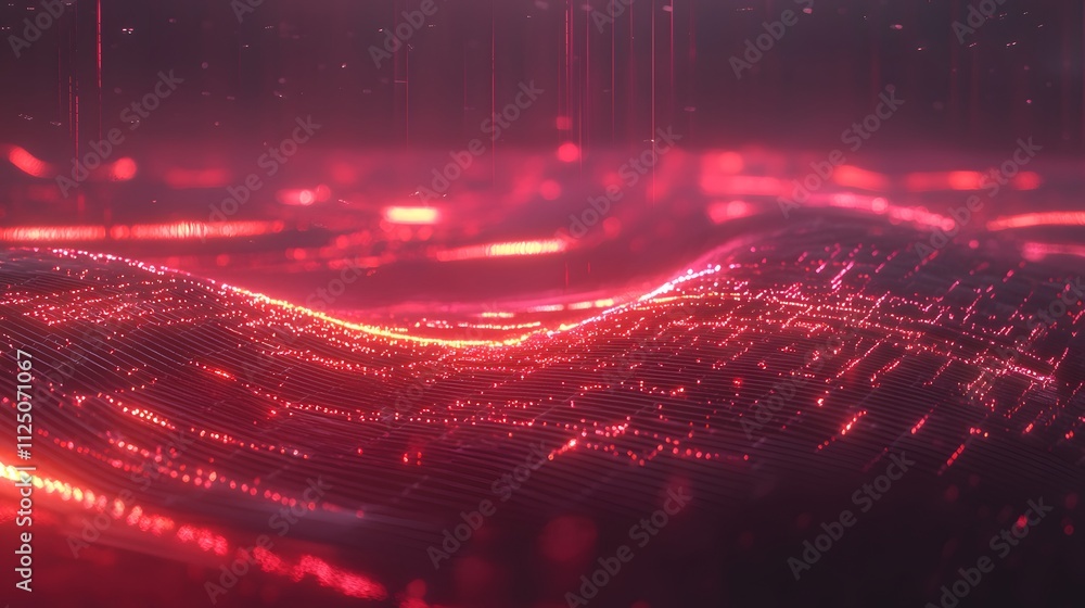Poster a futuristic depiction of glowing ribbons merging into an abstract seamless grid.
