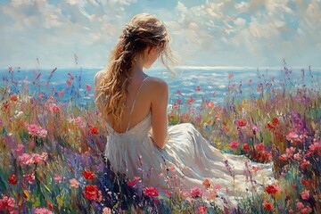 A Serene Summer's Day: Woman in White Dress Contemplates the Ocean's Beauty