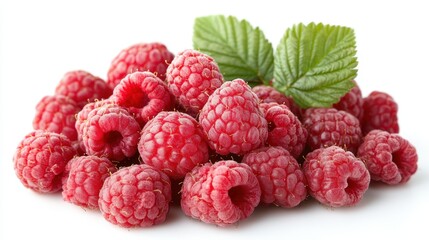 Fresh and Juicy Raspberries with Green Leaves on White Background