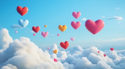 Colorful Hearts Floating Among Clouds in Blue Sky Surroundings