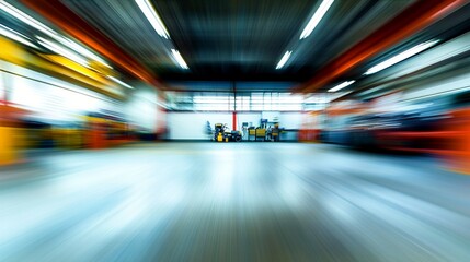 Obraz premium Blurred interior view of a large industrial warehouse or factory space with vibrant lighting, showcasing abstract motion and dynamic visual effects in the environment.