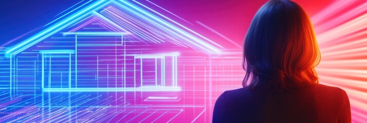 Digital neon bright house blueprint with observer