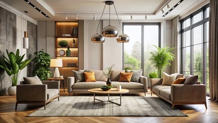 Contemporary Living Room Design Emphasizing Modern Aesthetics with Stylish Furniture, Natural Light, and Balanced Composition for an Inviting Atmosphere