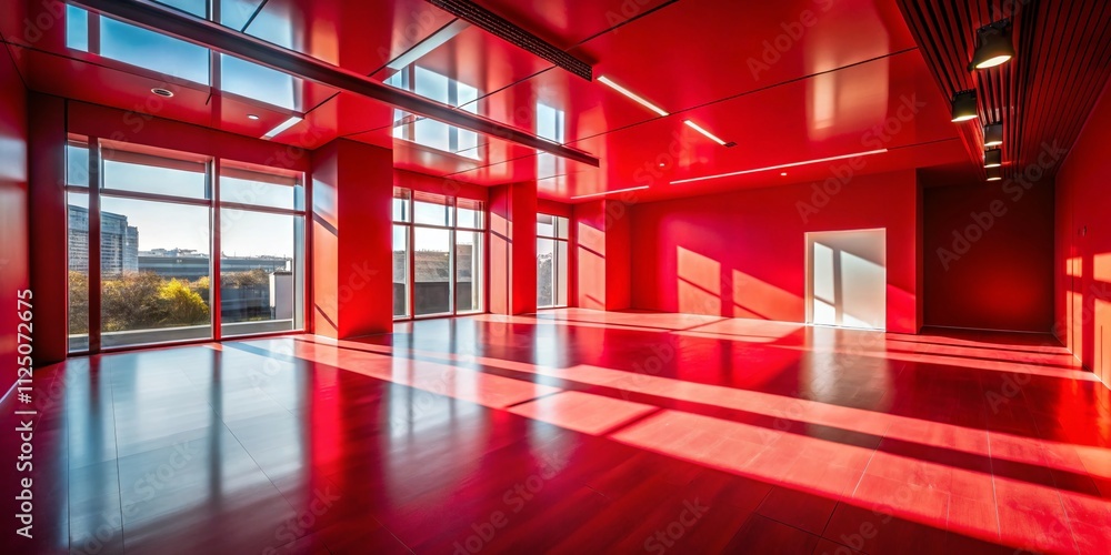Poster contemporary red studio space featuring intricate window shadows casting artistic patterns on the fl
