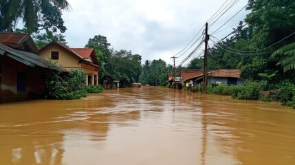 Obraz premium Poor residential area after the flood. Houses and cars under water, rivers overflowing, heavy rain consequences, storm. Muddy floodwater. Flooding around rural village buildings. Abundant rainfall.